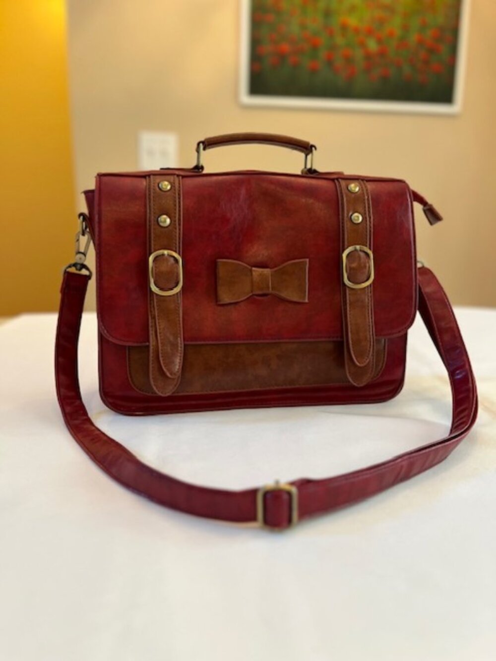 ECOSUSI | Dark Red and Brown Messenger Bag Crossbody School bag Vegan-EUC